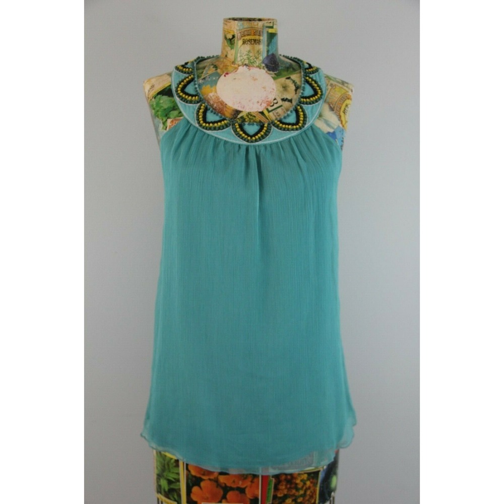 Joy Joy Aqua Blue Beaded Neckline Blouse Sleeveless Top Sz M Embroidered $97 Y2K